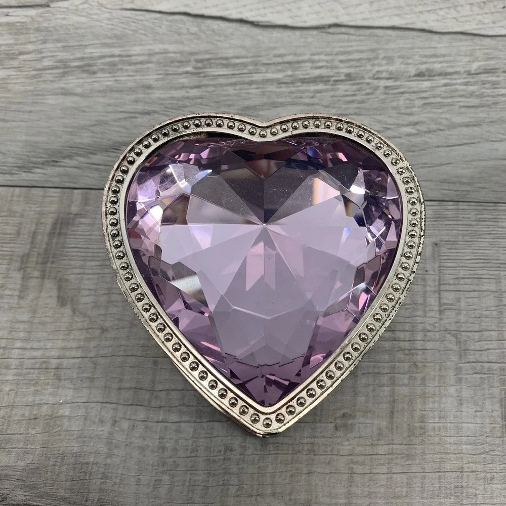 Vintage Round Pink Heart Faceted Glass Silver Tone Jewelry/Trinket Box - Picture 1 of 8